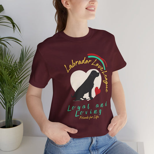 Labrador Love League t-shirt in Maroon — black Lab heart graphic tee, front view