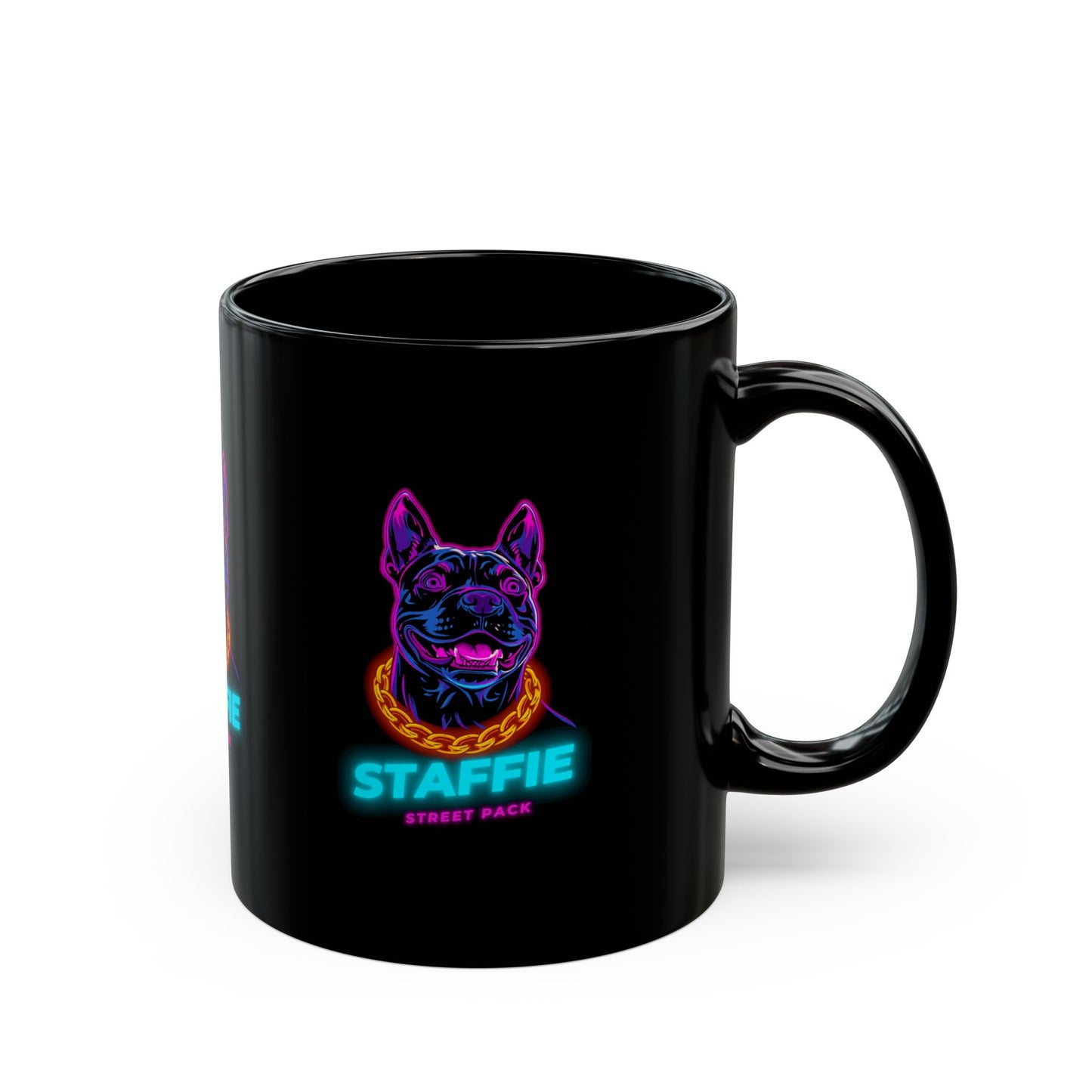 Staffie Neon Dog Black Mug — Retro Street Pack Coffee Cup (11oz/15oz)