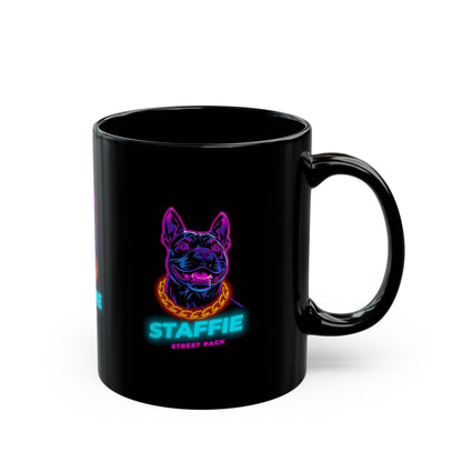 Staffie Neon Dog Black Mug — Retro Street Pack Coffee Cup (11oz/15oz)