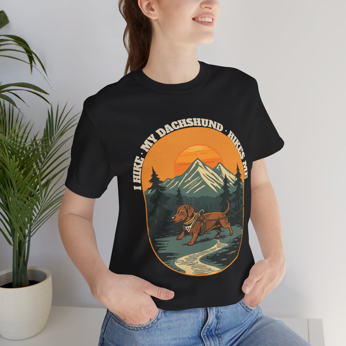 Black heather dachshund trail tee shown from the front