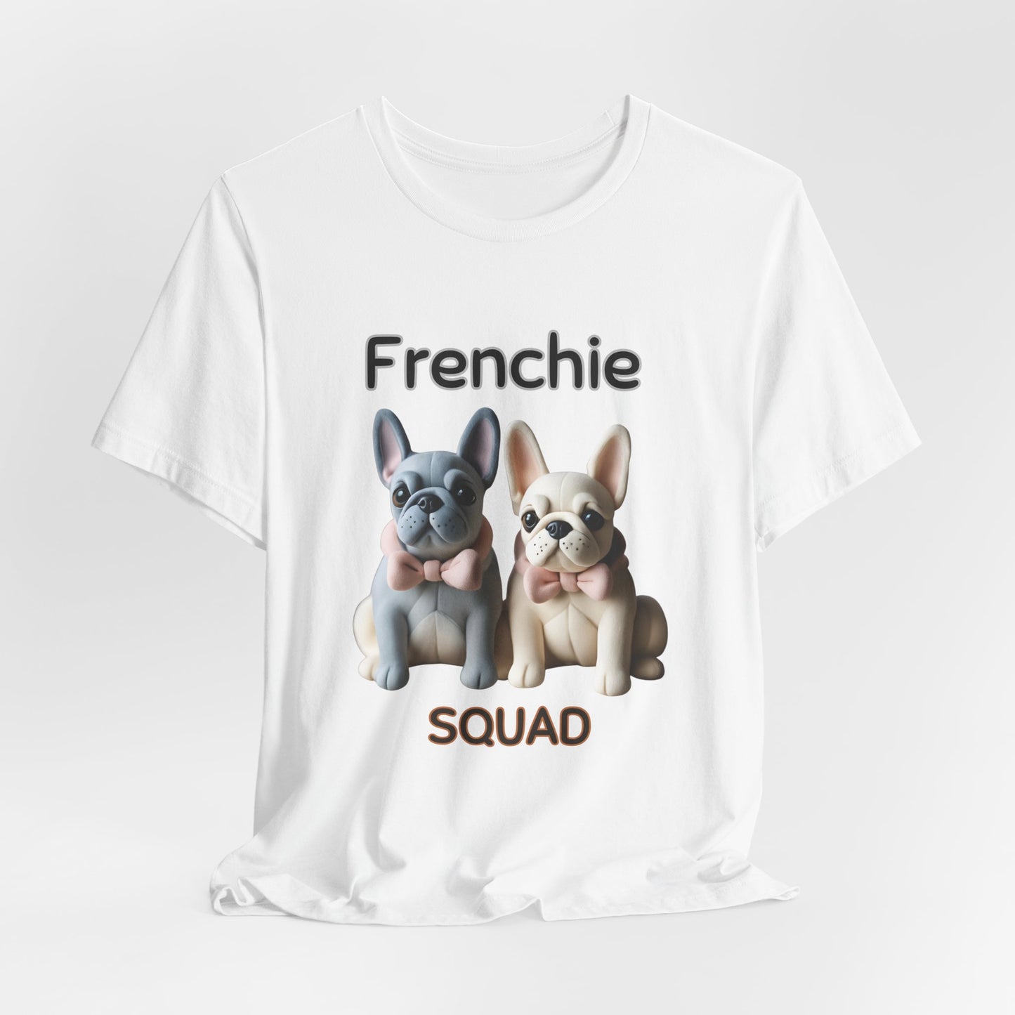 White Frenchie Squad graphic tee draped flat showing Frenchie duo print