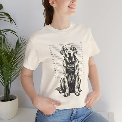 Model wearing the Golden Retriever True Crime Night Shift tee, black, side angle