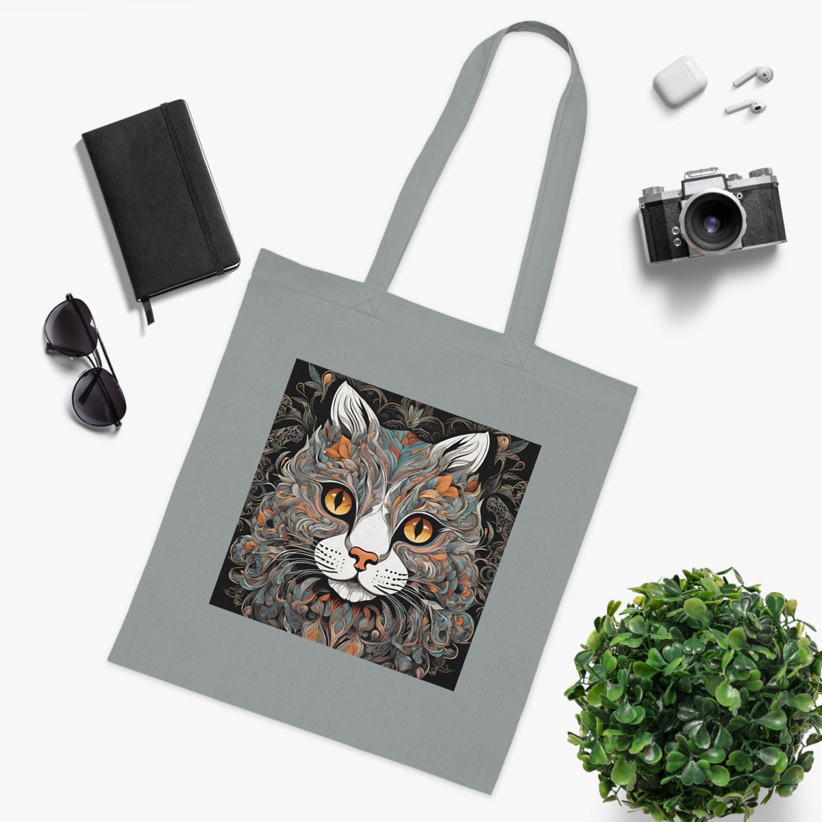 SniffWaggleNWalk™ cat cotton tote — lifestyle carry shot showing size and handle length