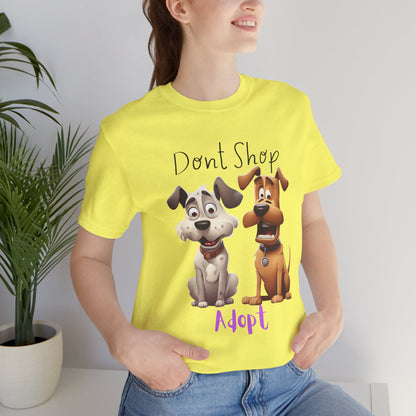Don't Shop Adopt rescue dog t-shirt in Yellow — two cartoon rescue dogs, organic unisex tee from Sniff Waggle And Walk