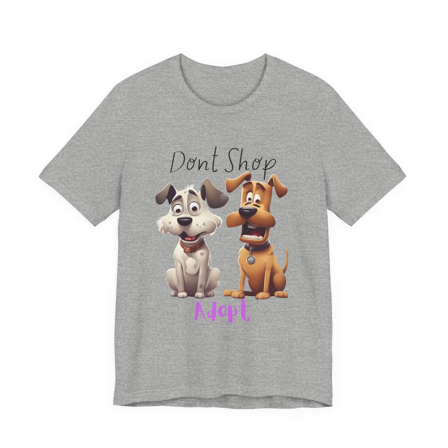 Don't Shop Adopt rescue dog t-shirt in Athletic Heather — two cartoon rescue dogs, organic unisex tee from Sniff Waggle And Walk