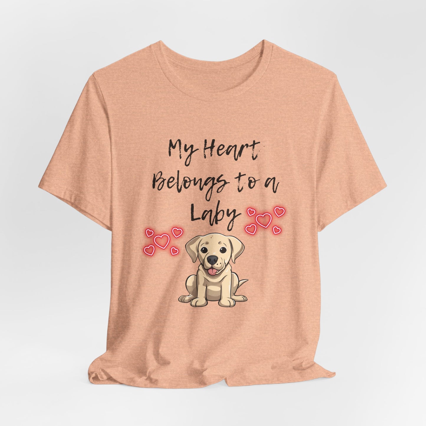 My Heart Belongs to a Laby Labrador t-shirt in Heather Peach, hanging front view