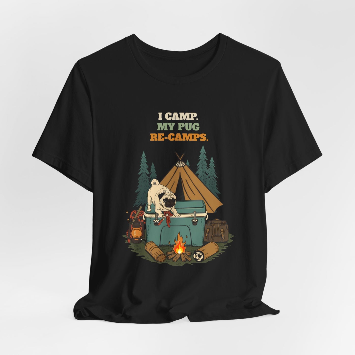 Pug camping t-shirt Black Heather colourway