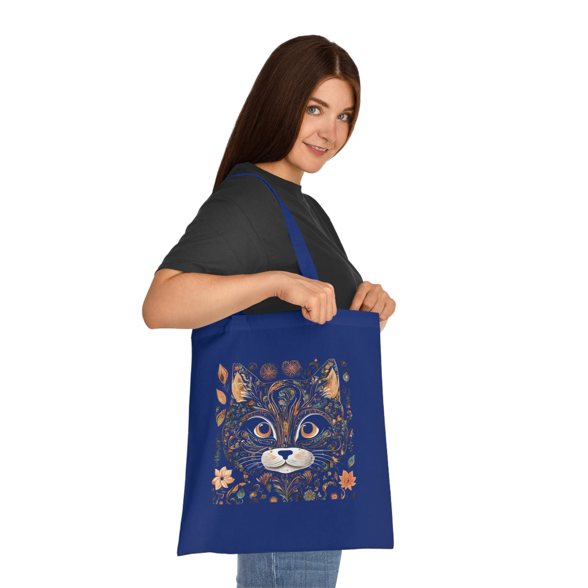 Cat design tote in navy blue — both sides of bag showing transparent print