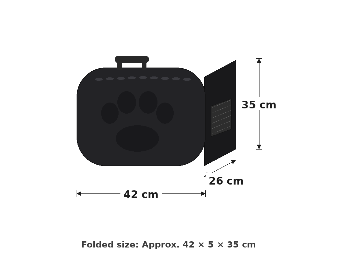 Black pet carrier with paw print design and dimensions on a white background