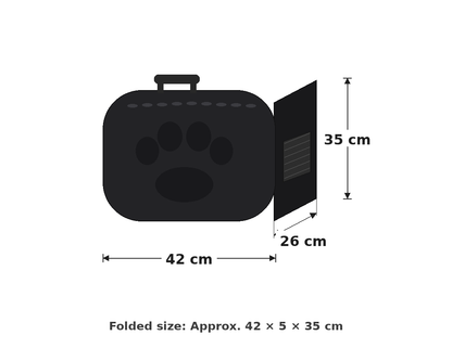 Black pet carrier with paw print design and dimensions on a white background