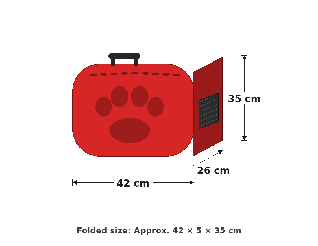 Red pet carrier with paw print design and dimensions on a white background
