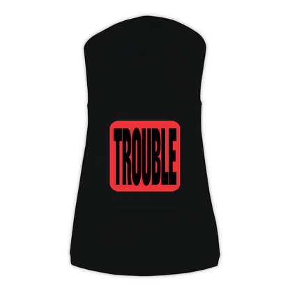 Trouble dog hoodie in Black, large sizes — bold red TROUBLE badge print on cosy fleece pullover