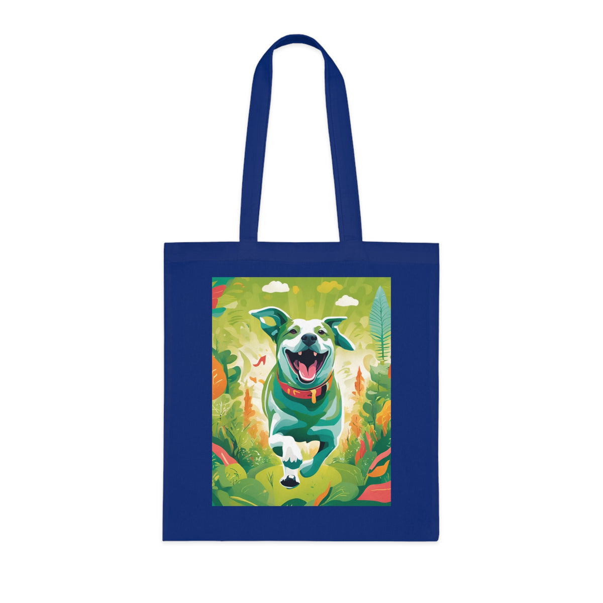 SniffWaggleNWalk™ painted running dog tote in navy blue colourway — front view
