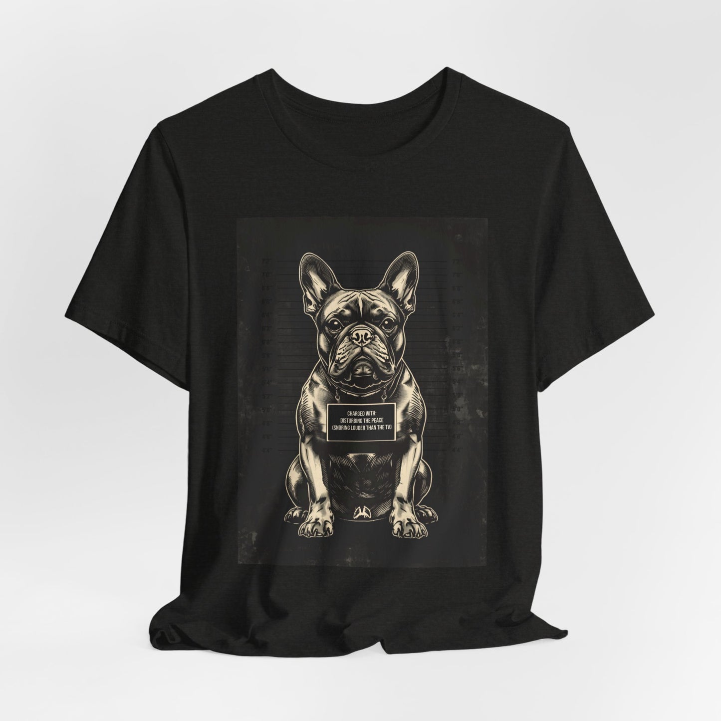 Model wearing the French Bulldog True Crime Night Shift tee, front pose
