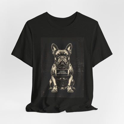 Model wearing the French Bulldog True Crime Night Shift tee, front pose