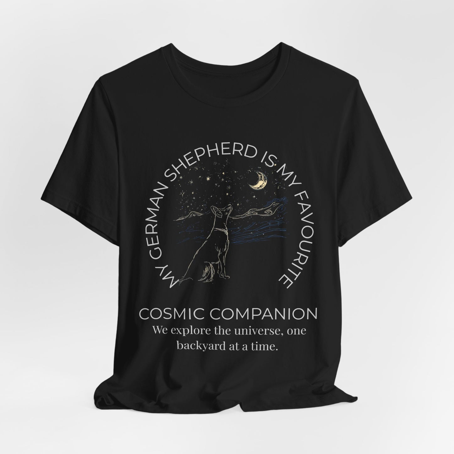 Cosmic Companion T-Shirt — “My German Shepherd Is My Favorite” Moon & Stars Tee