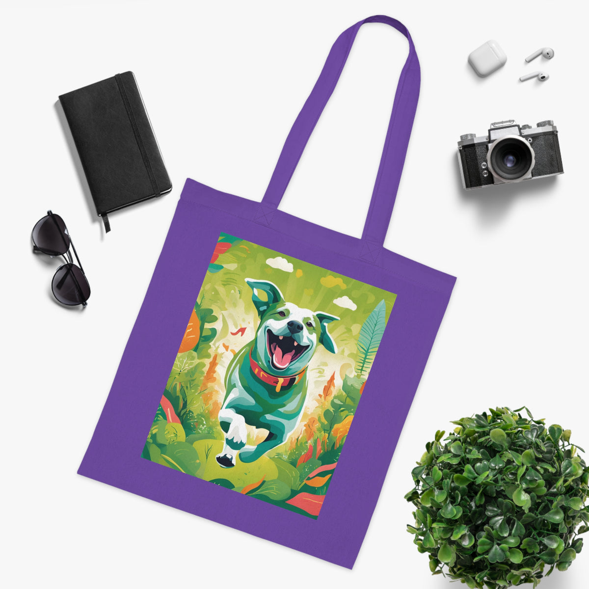SniffWaggleNWalk™ dog art tote in lime colourway showing bold print on both sides