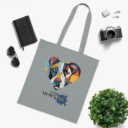 Cotton Tote Bag - Abstract Dog Heart Design with Good Morning Text-Sniffwaggleandwalk™