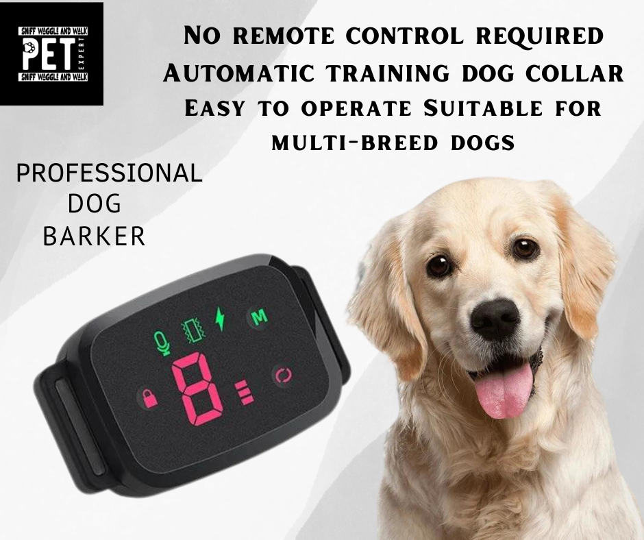 SmartBark™ anti-bark collar front close-up — LED display showing intensity number and mode icons including vibration and static