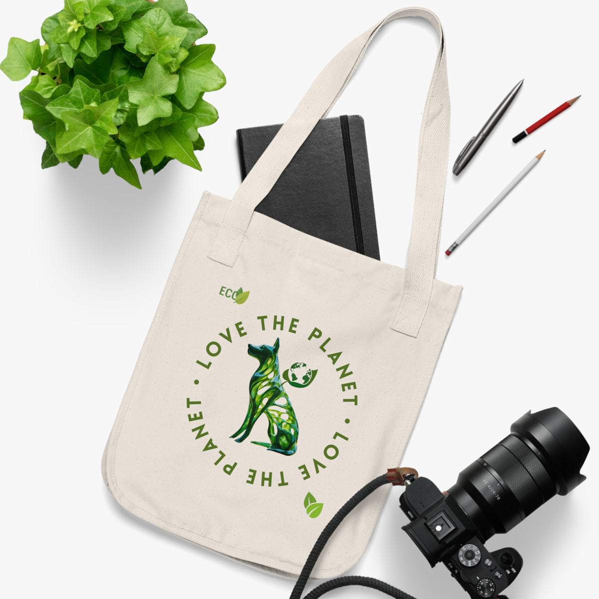 SniffWaggleNWalk™ dog eco-conscious tote bag in natural cotton with original dog print