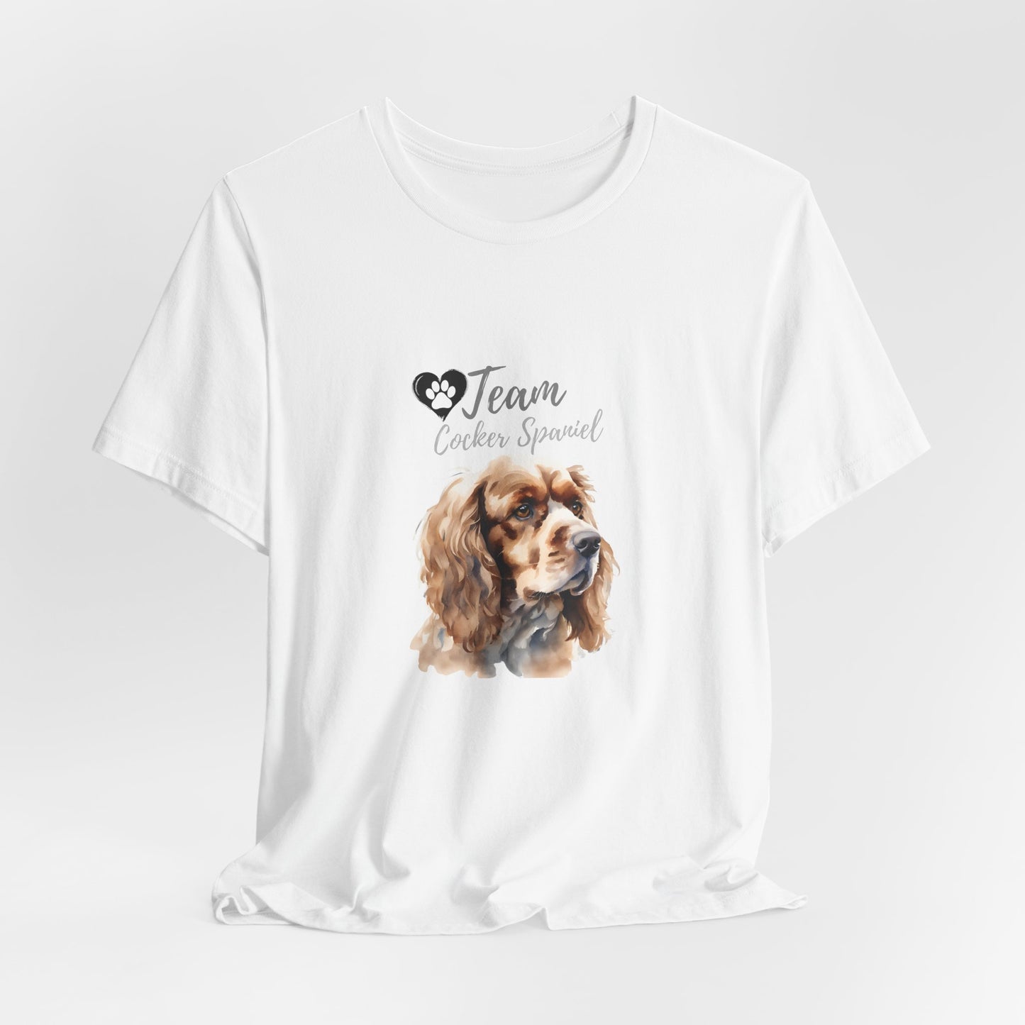Team Cocker Spaniel watercolour t-shirt in White, hanging front view