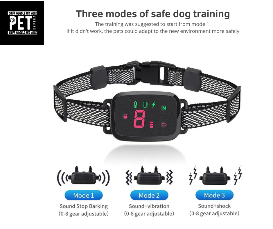 SniffWaggleNWalk SmartBark™ anti-bark collar box contents — collar unit, USB cable, spare prongs and user manual