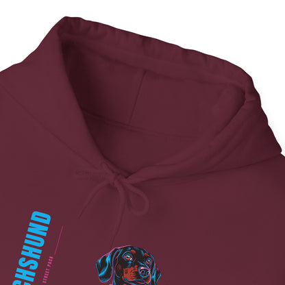 Neon Dachshund hoodie folded flat showing dark fabric