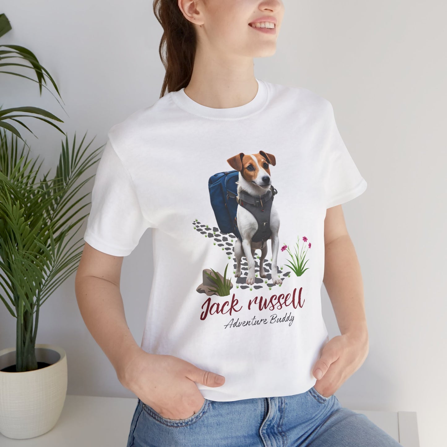 Woman wearing White Jack Russell Adventure Buddy t-shirt with hiking dog backpack design