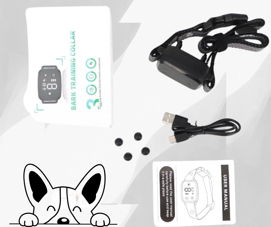 SmartBark™ anti-bark collar being adjusted — hands shown setting intensity level on LED display