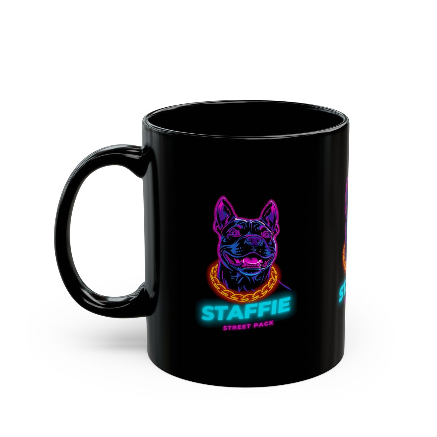 Staffie Neon Dog Black Mug — Retro Street Pack Coffee Cup (11oz/15oz)