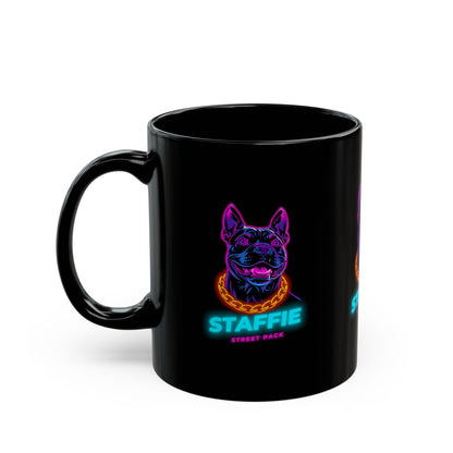 Staffie Neon Dog Black Mug — Retro Street Pack Coffee Cup (11oz/15oz)
