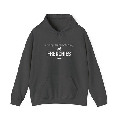 Easily Distracted by Frenchies dark heather hoodie model