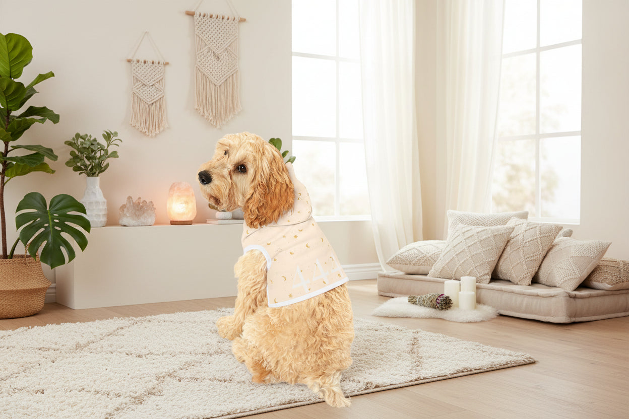 Small dog wearing angel number 444 hoodie indoors for warmth and comfort