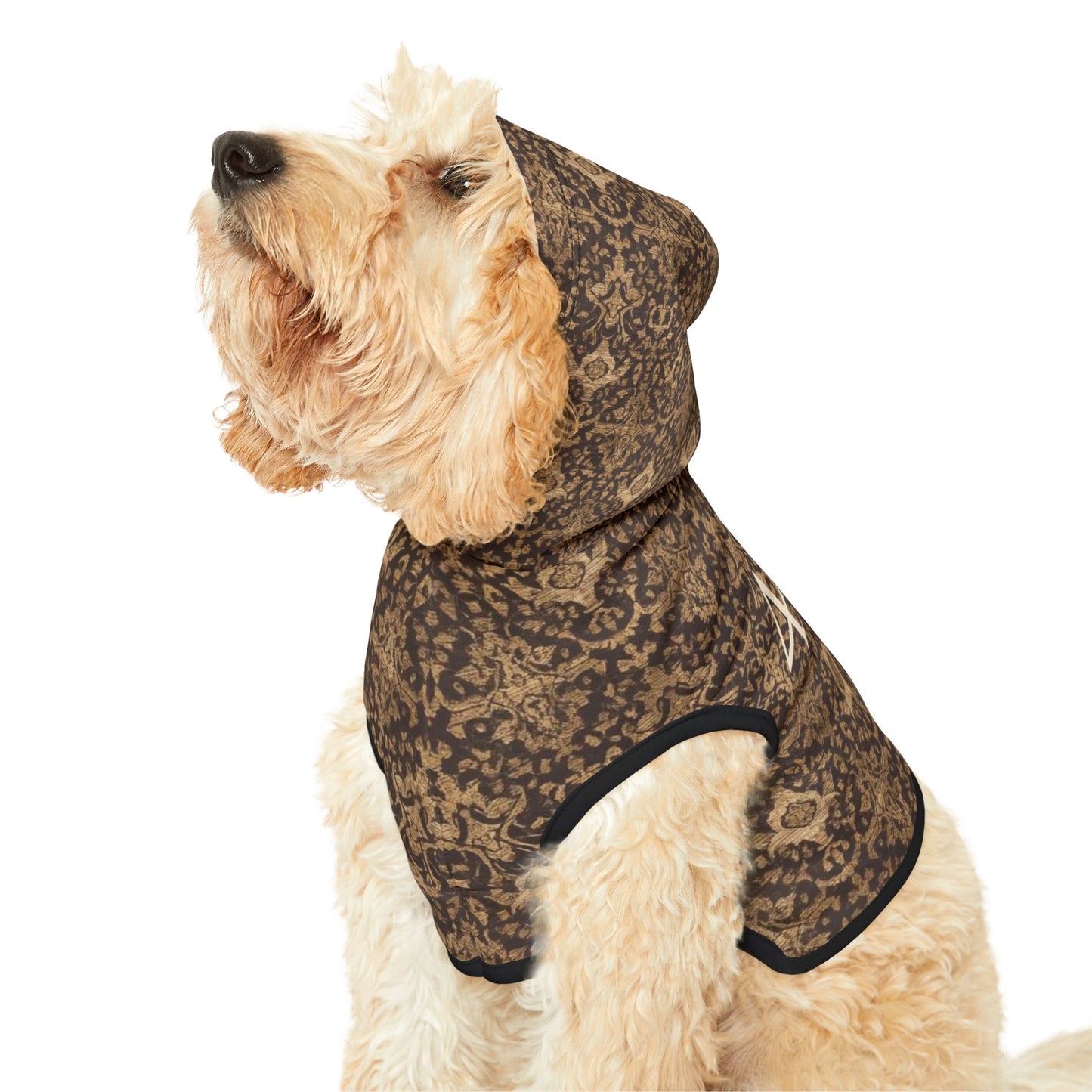 close-up of 444 alignment symbol on vintage brown spiritual pet hoodie