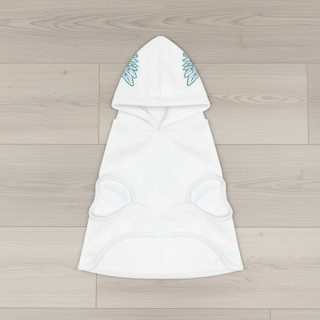 Dog wearing 444 angel number pet hoodie front view for spiritual protection.