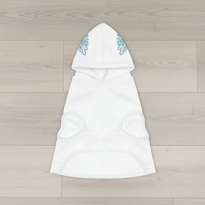 Dog wearing 444 angel number pet hoodie front view for spiritual protection.