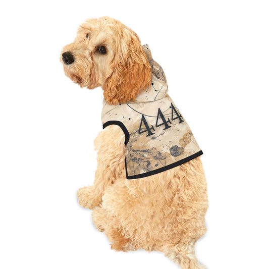 Dog wearing 444 guardian heirloom hoodie with earthy marbled pattern