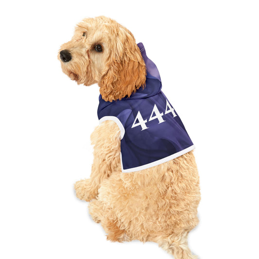 Purple swirl pet hoodie with angel number 444 front view