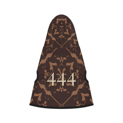 Close-up of 444 angel number design on heirloom dog hoodie