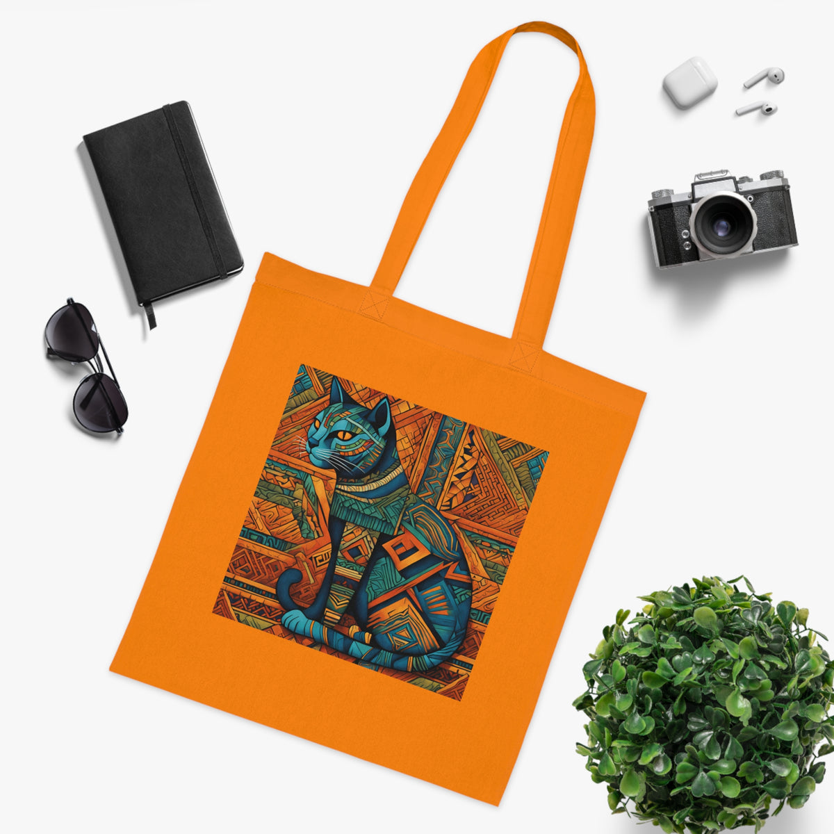 SniffWaggleNWalk™ Egyptian cat cotton tote — lifestyle carry shot showing size