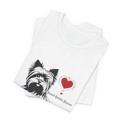 Folded White Proud Yorkie Parent t-shirt with Yorkshire Terrier heart design