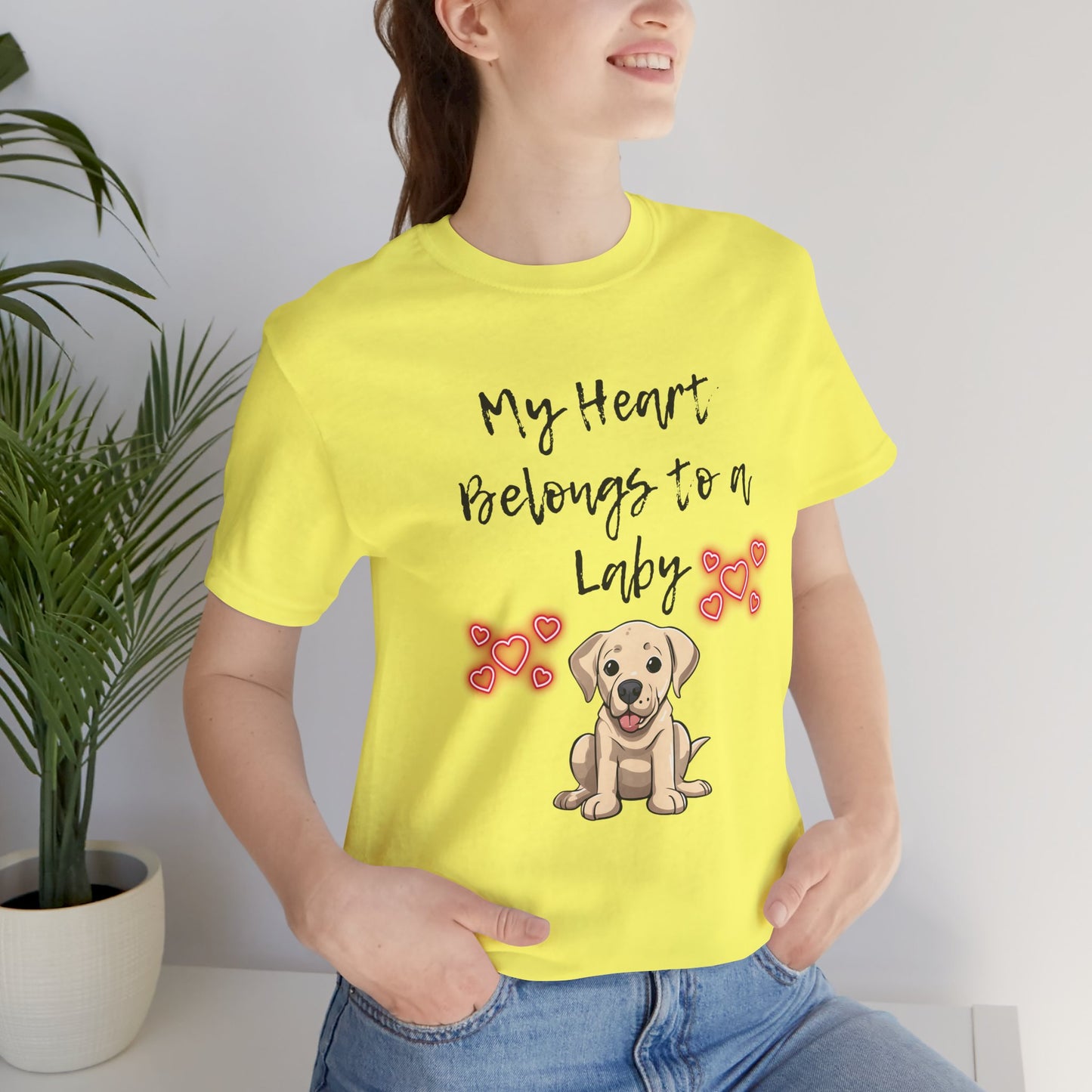 My Heart Belongs to a Laby Labrador t-shirt in Yellow worn by a model, front view