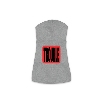 Trouble dog hoodie in Granite Heather — bold red TROUBLE badge print on cosy fleece pullover