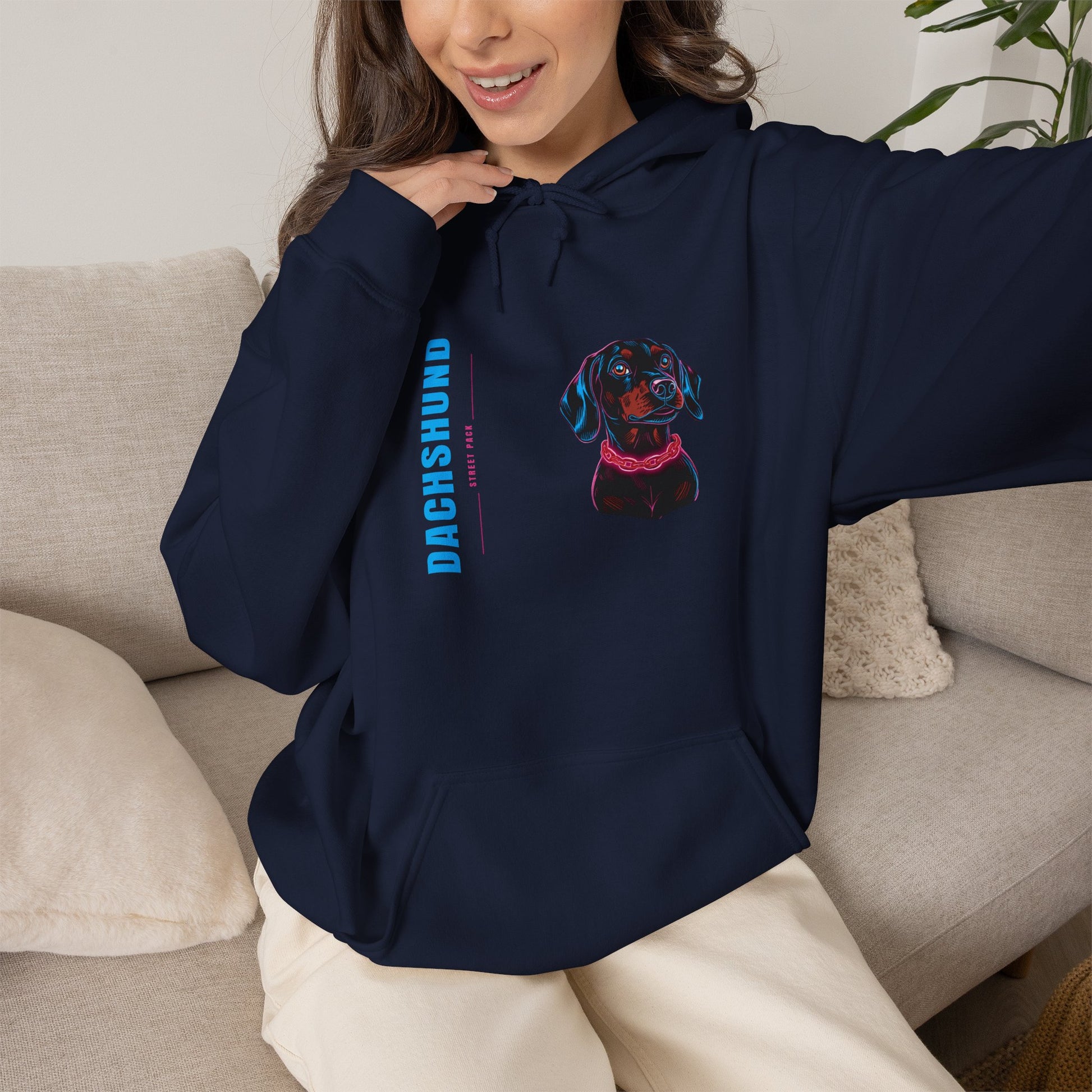 Dachshund streetwear hoodie with neon sausage dog and chain graphic on dark fabric