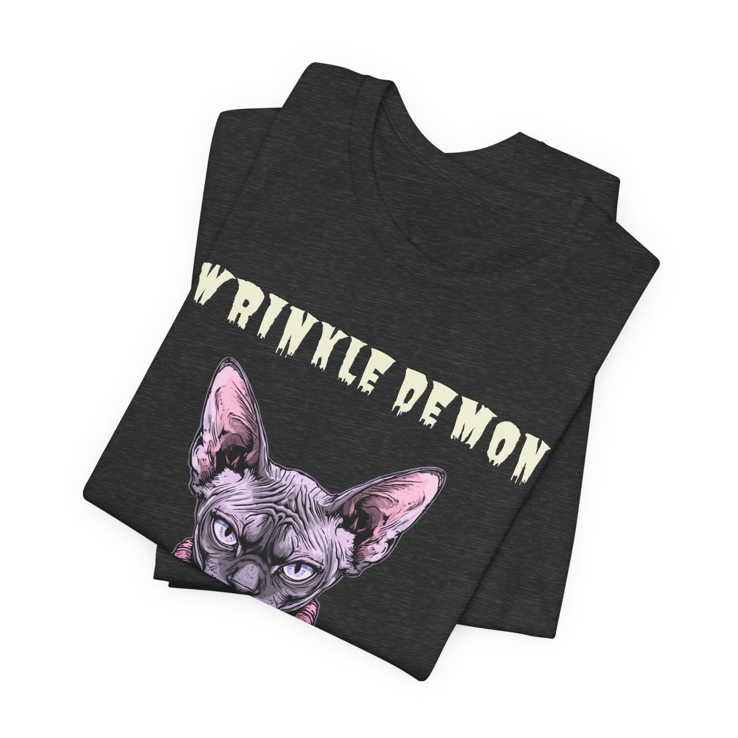 Wrinkly Demon Sphynx Cat Tee — “desperately needs a cuddle.” Graphic Cat T-Shirt