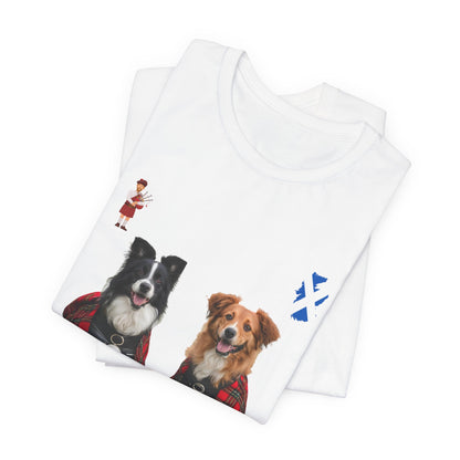 Clan of the Wee Dug red t-shirt lifestyle photo, Scottish dog owner slogan tee SniffWaggleNWalk