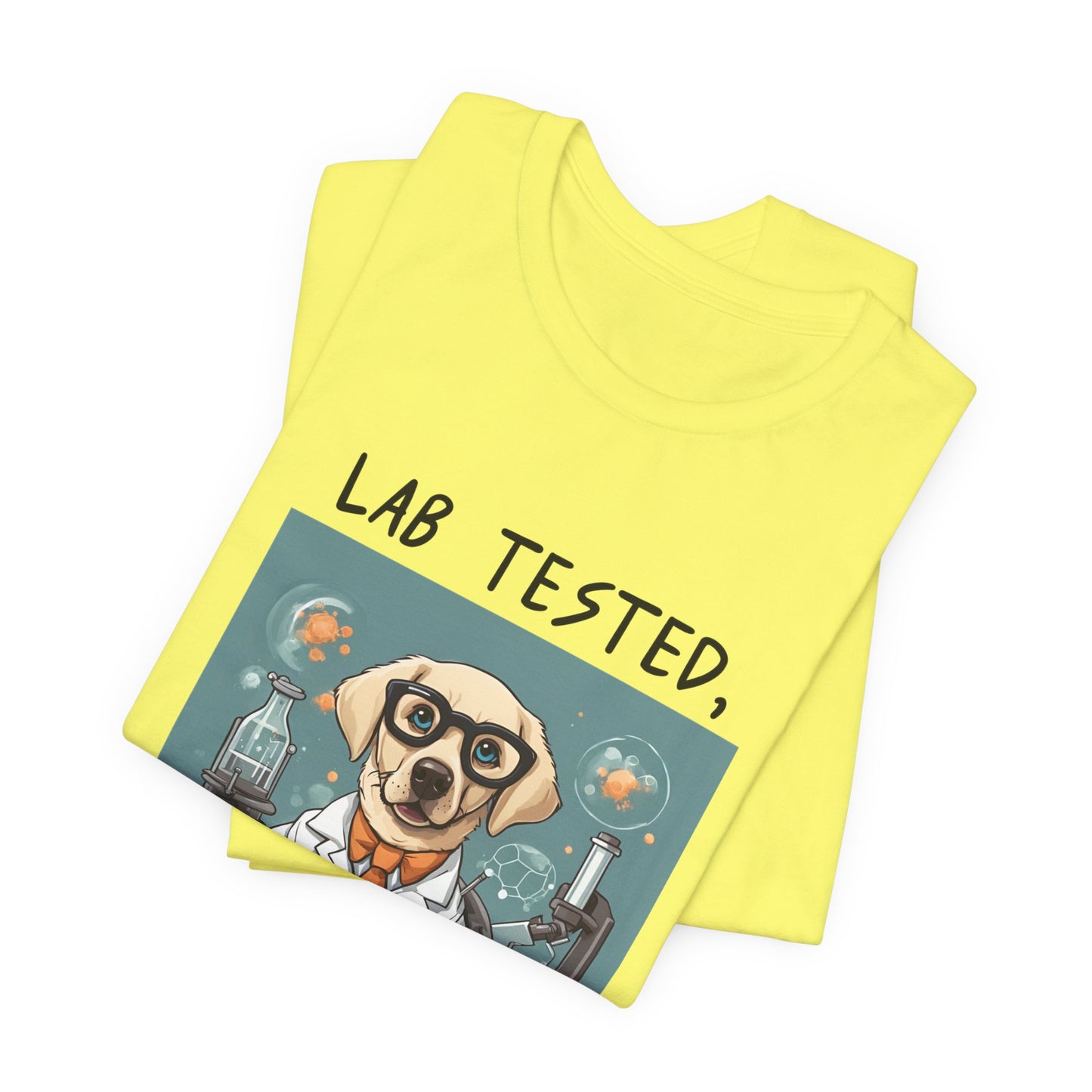 Lab Tested Owner Approved Labrador t-shirt in Yellow, folded view showing scientist Lab print