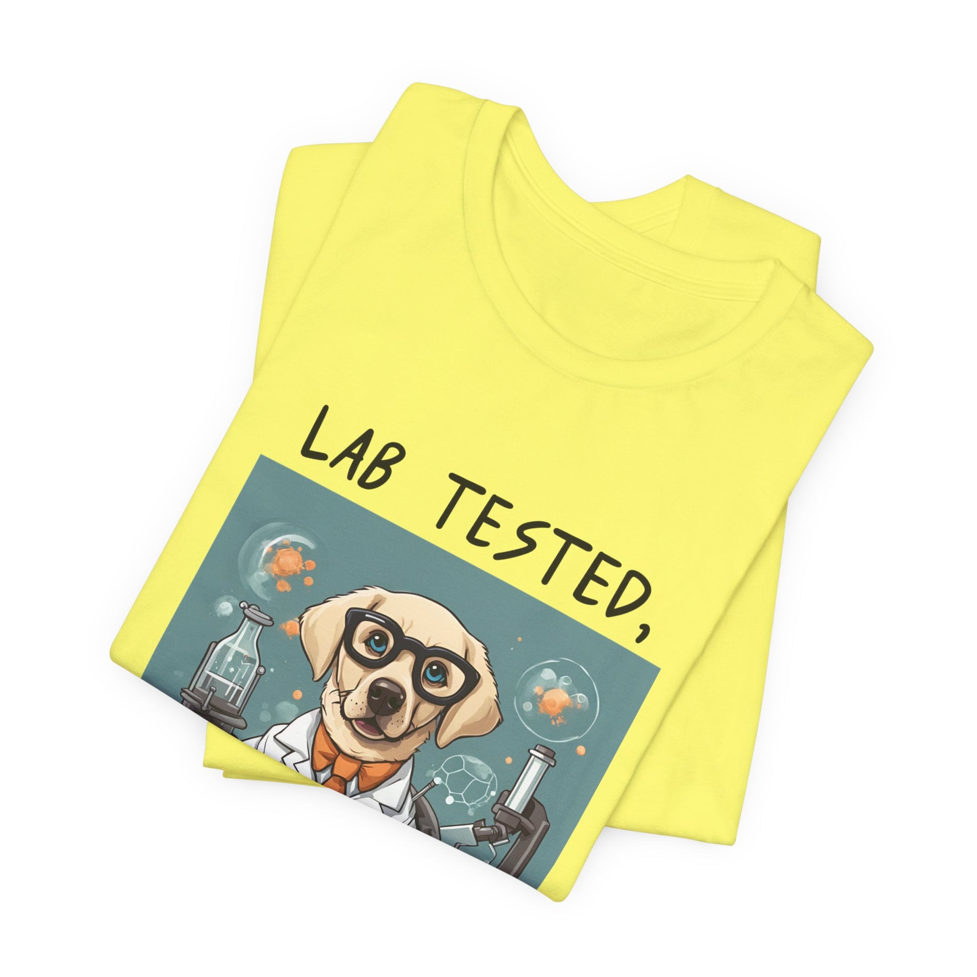 Lab Tested Owner Approved Labrador t-shirt in Yellow, folded view showing scientist Lab print