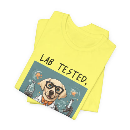 Lab Tested Owner Approved Labrador t-shirt in Yellow, folded view showing scientist Lab print
