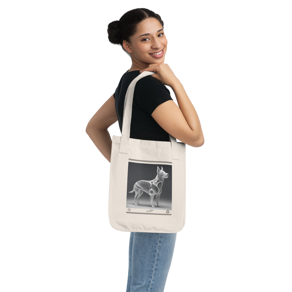 SniffWaggleNWalk™ canvas tote bag in navy with dog print — front view